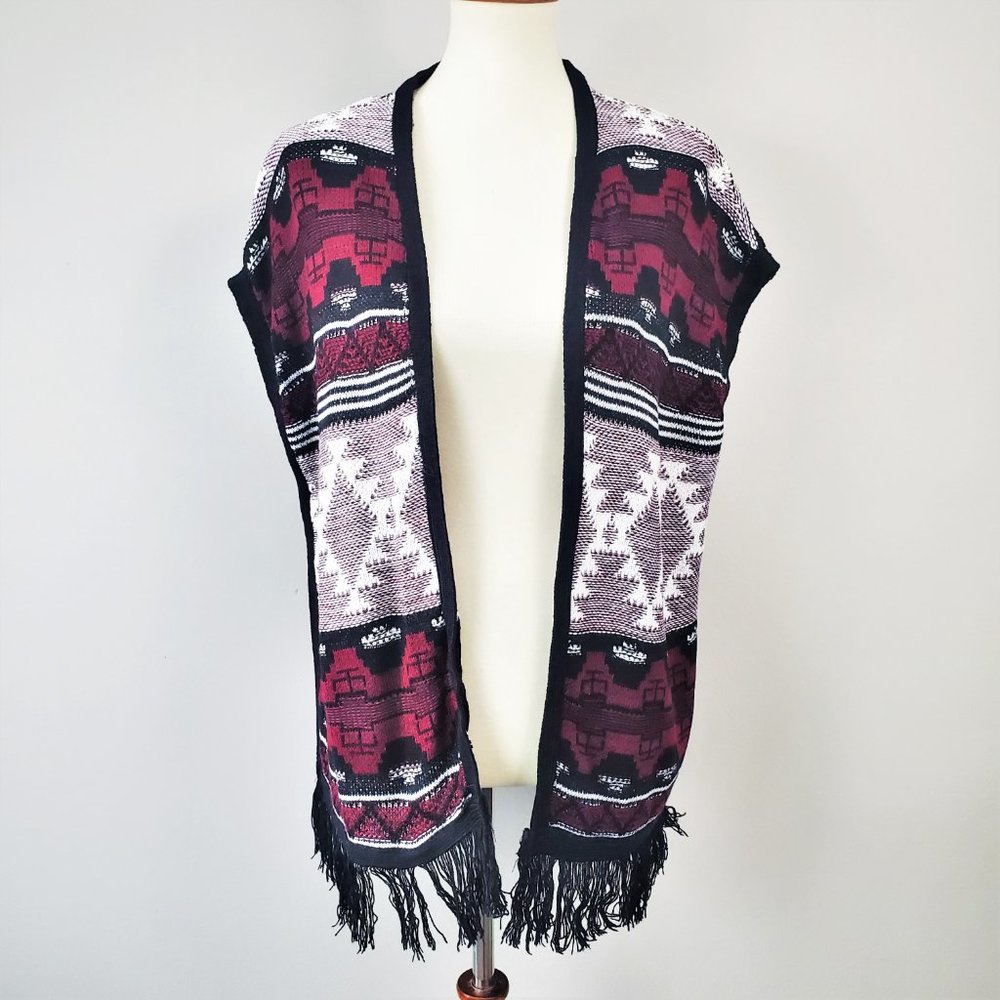 Arizona Jeans Co. Burgundy Black Boho Knit Fringed Cardigan Vest Women’s Size S